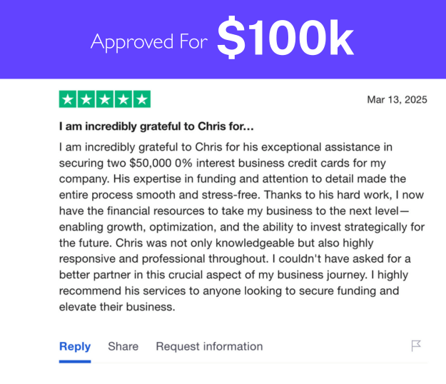 Five-star review: Chris secured two $50,000 0% interest business credit cards