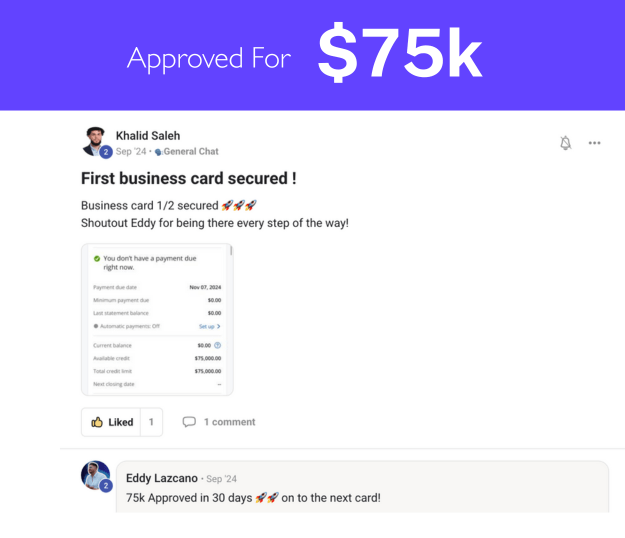 Khalid Saleh post: first business card secured, $75K approved in 30 days